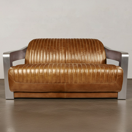Buy Design Sofa Churchill Lounge - 2 places - Premium Leather & Stainless Steel Vintage brown 48369 in the United Kingdom 