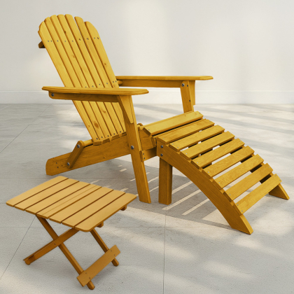 Buy Adirondack Garden long Chair + Footrest + Table Wood Outdoor Furniture Set - Anela Natural wood 60010 in the United Kingdom 