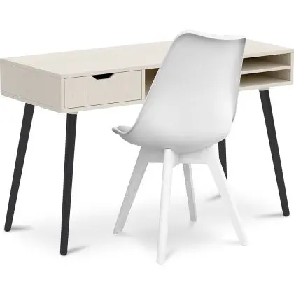 Buy Office Desk Table Wooden Design Scandinavian Style Viggo + Premium Brielle Scandinavian Design chair with cushion Black 60115 in the United Kingdom 