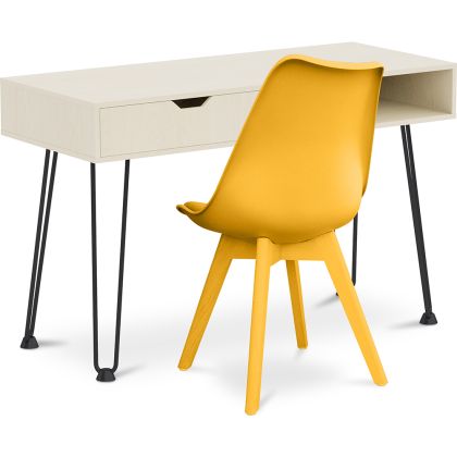 Buy Office Desk Table Wooden Design Hairpin Legs Scandinavian Style Hakon + Premium Brielle Scandinavian Design chair with cushion Yellow 60117 with a guarantee 