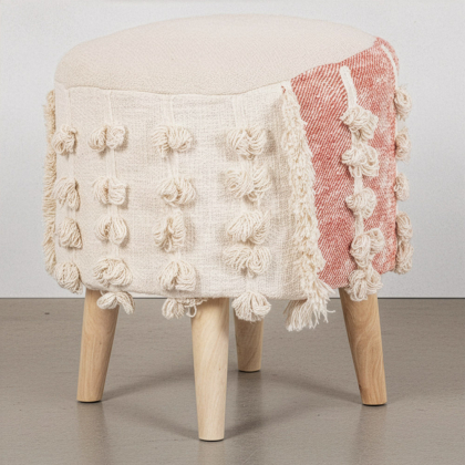 Buy Pouffe Stool in Boho Bali Style, Wood and Cotton - Vanessa Bali Beige 60260 in the United Kingdom 