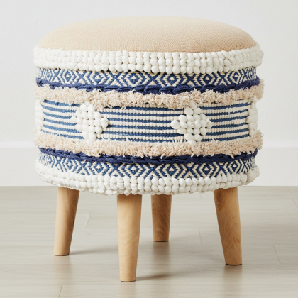 Buy Pouffe Stool in Boho Bali Style, Wood and Cotton - Zoe Bali Blue 60261 in the United Kingdom 