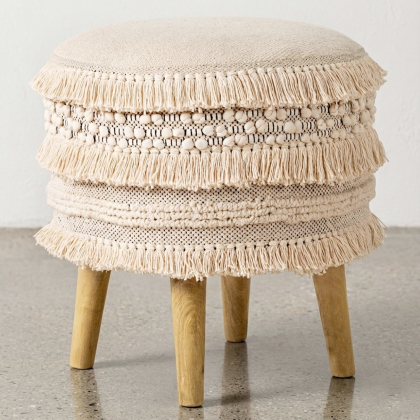 Buy Pouffe Stool in Boho Bali Style, Wood and Cotton - Janice Bali White 60264 - prices 