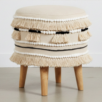 Buy Pouffe Stool in Boho Bali Style, Wood and Cotton - Jessie Bali Cream 60266 - in the UK 