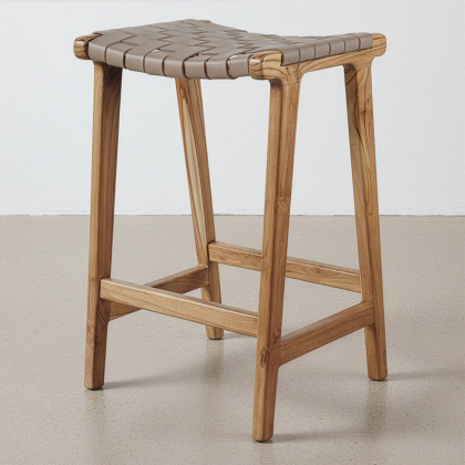 Buy Bar Stool in Bali Boho Style, Leather and Teak Wood - Grau Brown 60472 in the United Kingdom 