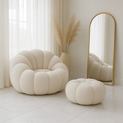 Buy Upholstered Armchair with Ottoman - White Boucle - Calera White 60542 in the United Kingdom