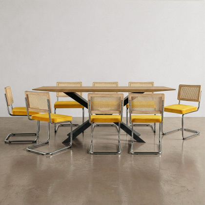 Buy Pack Industrial Wooden Table (220cm) & 8 Rattan and Velvet Mesh Chairs - Wanda Mustard 60596 with a guarantee 