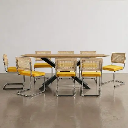 Buy Pack Industrial Wooden Table (220cm) & 8 Rattan and Velvet Mesh Chairs - Wanda Mustard 60596 with a guarantee 