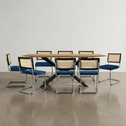 Buy Pack Industrial Wooden Table (220cm) & 8 Rattan and Velvet Mesh Chairs - Jenka Dark blue 60597 with a guarantee 
