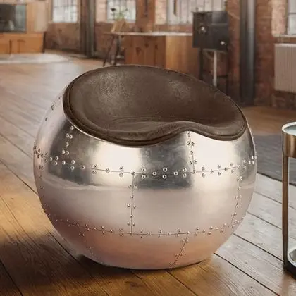 Buy Round  Armchair - Aluminium - Microfibre in Imitation Weathered Leather Brown 26709 home delivery 