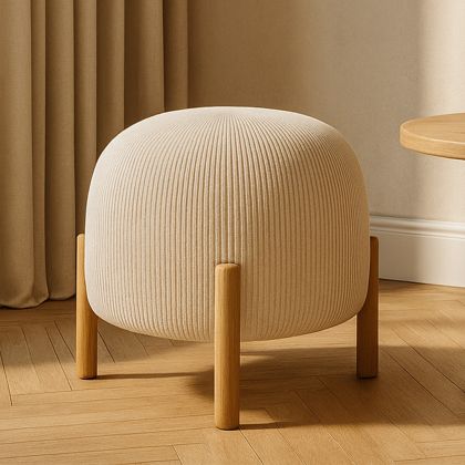 Buy Round Corduroy Upholstered Pouf with Natural Wood Legs - Merv Ivory 61450 - prices 