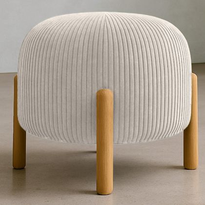 Buy Round Corduroy Upholstered Pouf with Natural Wood Legs - Merv Ivory 61450 - in the UK 
