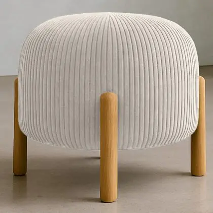Buy Round Corduroy Upholstered Pouf with Natural Wood Legs - Merv Ivory 61450 - prices 