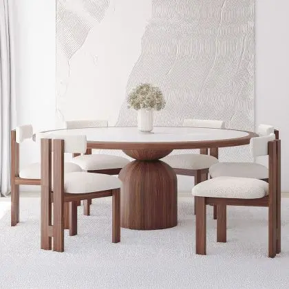 Buy Set Dining Table Round with 6 Wooden Chairs - Minimalist Design - Poler Walnut 61551 home delivery 