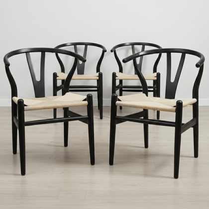 Buy Pack of 4 Dining Chairs Scandinavian Wooden with Rope Seat - Wish Black 61556 in the United Kingdom 
