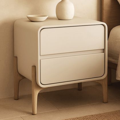 Buy Modern Scandi nightstand covered in faux leather with 2 drawers and natural wood legs - Barel Cream 61796 - in the UK 