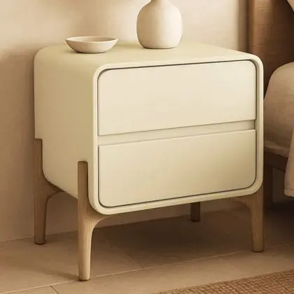 Buy Modern Scandi nightstand covered in faux leather with 2 drawers and natural wood legs - Barel Cream 61796 - in the UK 