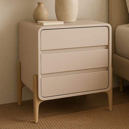 Buy Modern Scandi nightstand covered in faux leather with 3 drawers and natural wood legs - Barel Cream 61827 in the United Kingdom 