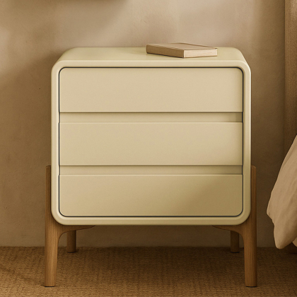 Buy Modern Scandi nightstand covered in faux leather with 3 drawers and natural wood legs - Barel Cream 61827 - prices 
