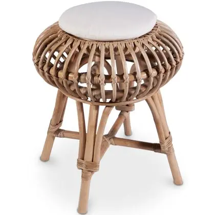 Buy Low Round Stool in Boho Bali Design, Rattan and Canvas - Yuva White 60284 at MyFaktory
