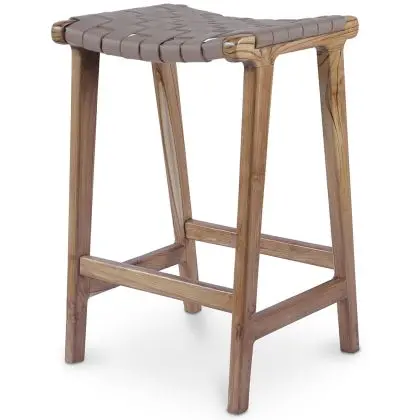 Buy Bar Stool in Bali Boho Style, Leather and Teak Wood - Grau Brown 60472 - in the UK