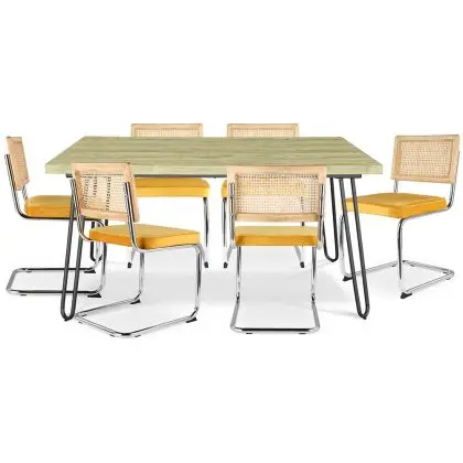 Buy Pack Hairpin Dining Table 150x90 & 6 Black Mesh Rattan and Velvet Chairs - Wanda Mustard 60581 in the United Kingdom