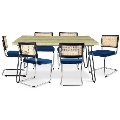 Buy Pack Hairpin Dining Table 150x90 & 6 Black Mesh Rattan and Velvet Chairs - Jenka Dark blue 60582 home delivery
