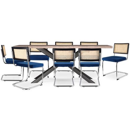 Buy Pack Industrial Wooden Table (200cm) & 8 Rattan and Velvet Mesh Chairs - Jenka Dark blue 60594 - prices