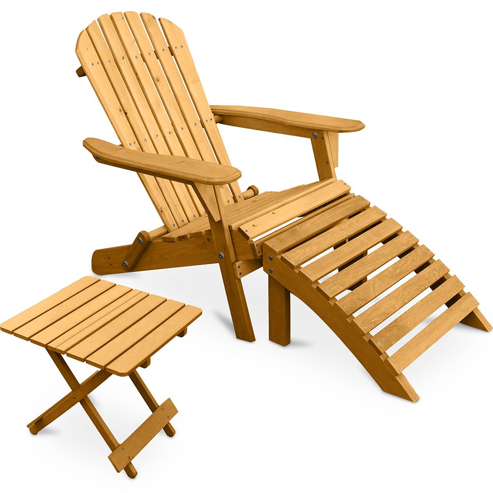  Buy Adirondack Garden long Chair + Footrest + Table Wood Outdoor Furniture Set - Anela Natural wood 60010 - in the UK