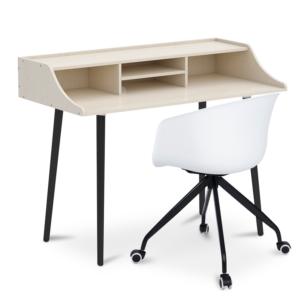  Buy Office Desk Table Wooden Design Scandinavian Style Eldrid + Design Office Chair with Wheels White 60066 - in the UK