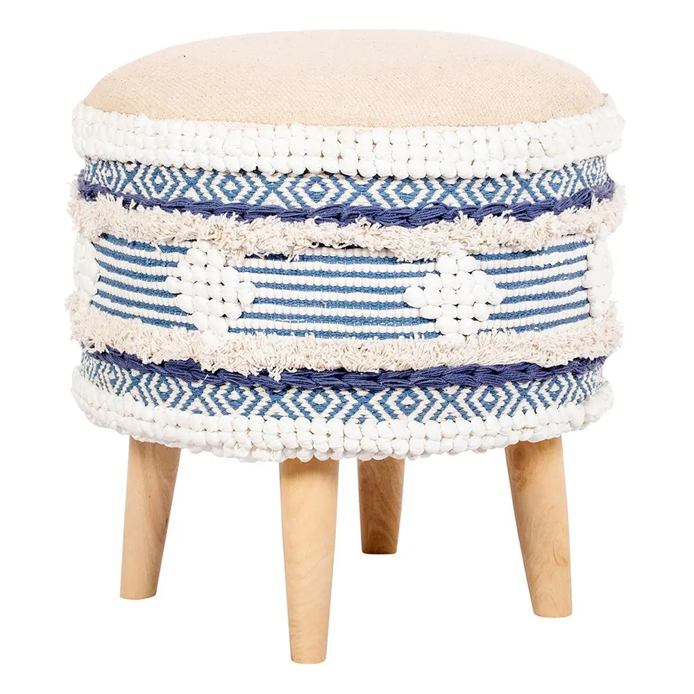  Buy Pouffe Stool in Boho Bali Style, Wood and Cotton - Zoe Bali Blue 60261 - in the UK