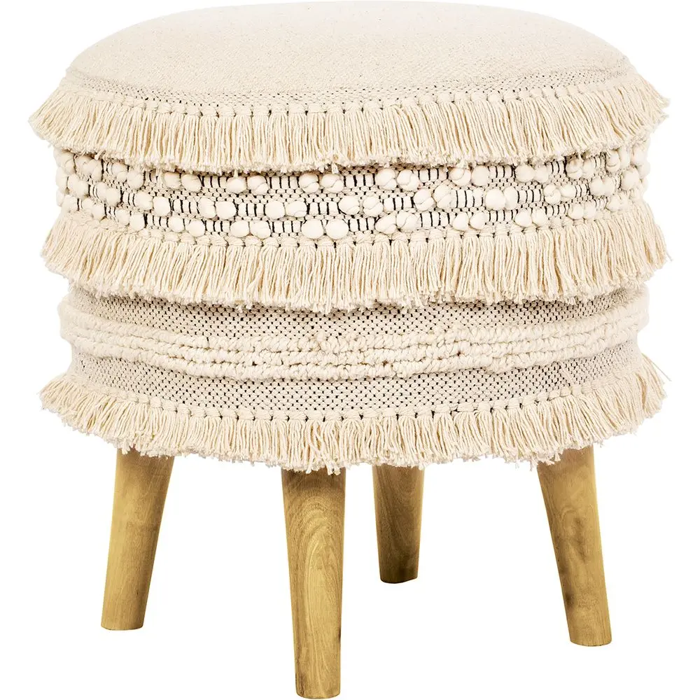  Buy Pouffe Stool in Boho Bali Style, Wood and Cotton - Janice Bali White 60264 - in the UK