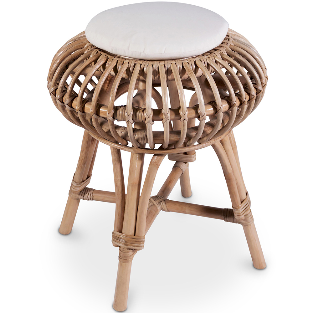  Buy Low Round Stool in Boho Bali Design, Rattan and Canvas - Yuva White 60284 - in the UK