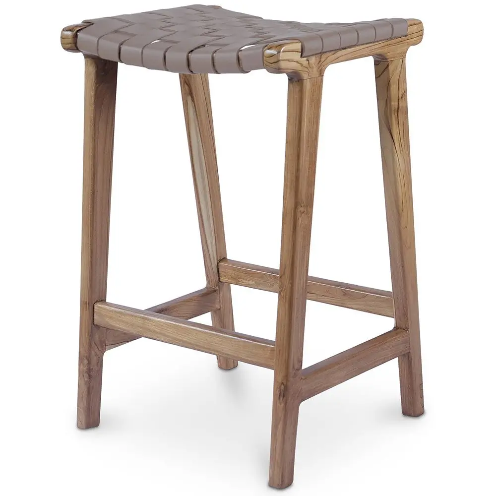  Buy Bar Stool in Bali Boho Style, Leather and Teak Wood - Grau Brown 60472 - in the UK