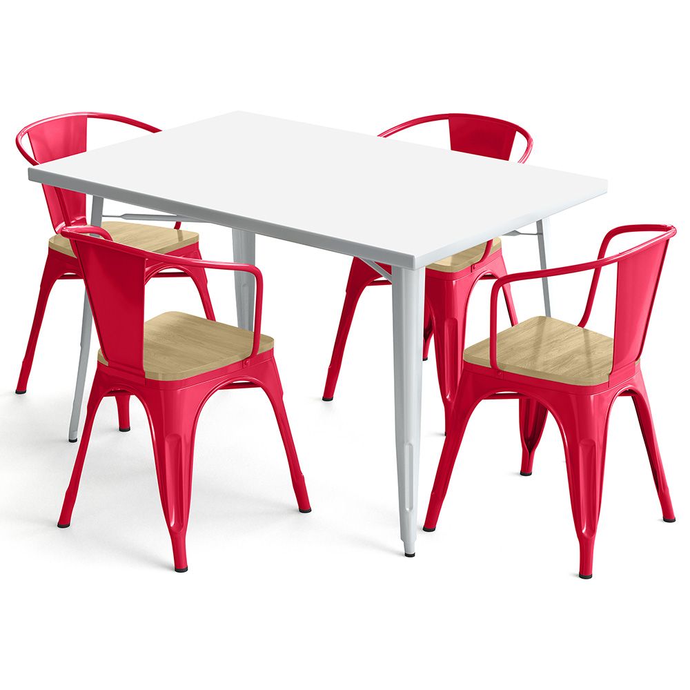  Buy Dining Table + X4 Dining Chairs with Armrest Set - Bistrot - Industrial Design Metal and Light Wood - New Edition Red 60442 - in the UK