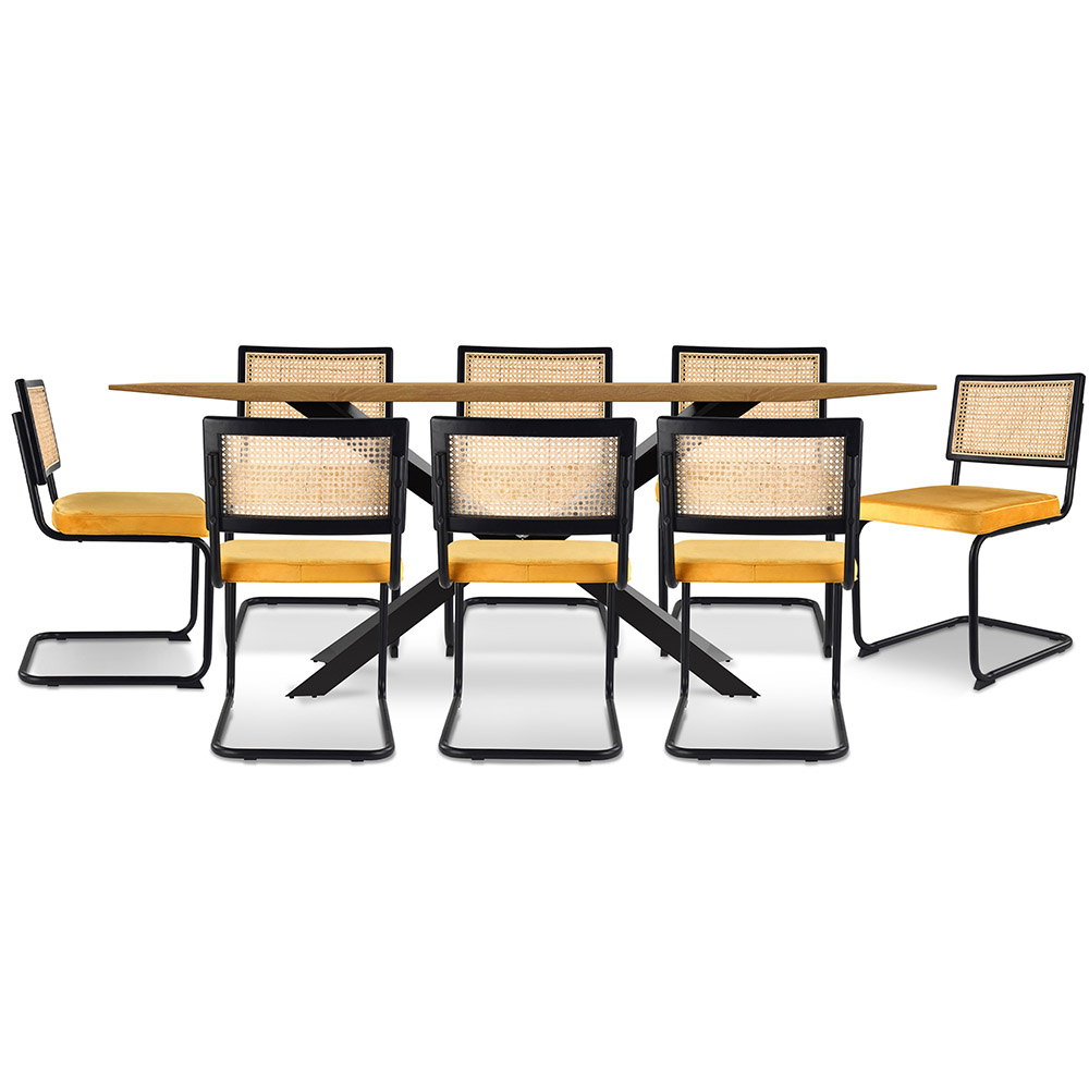  Buy Pack Industrial Wooden Table (220cm) & 8 Rattan and Velvet Mesh Chairs - Nema Mustard 60554 - in the UK