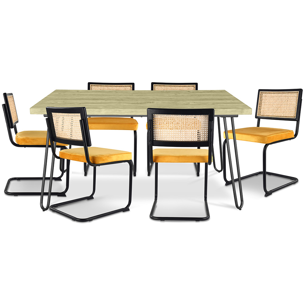  Buy Pack Hairpin Dining Table 150x90 & 6 Black Mesh Rattan and Velvet Chairs - Nema Mustard 60559 - in the UK