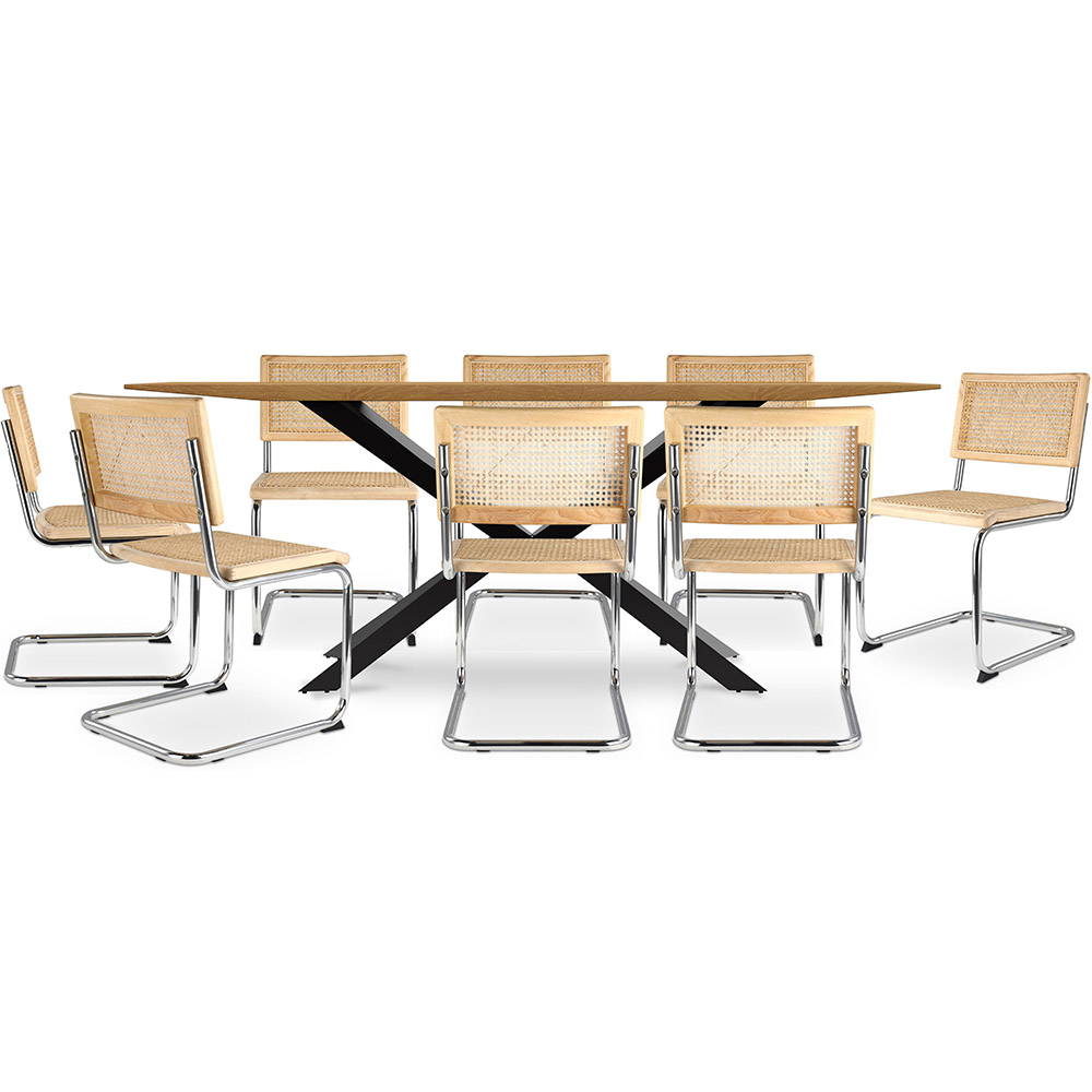  Buy Pack Industrial Wooden Table (220cm) & 8 Rattan Mesh Chairs - Lia Natural 60562 - in the UK