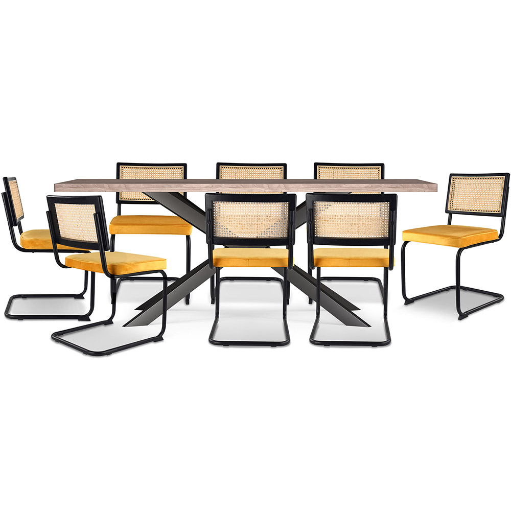  Buy Pack Industrial Wooden Table (200cm) & 8 Rattan and Velvet Mesh Chairs - Nema Mustard 60572 - in the UK