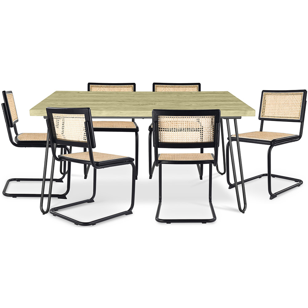  Buy Pack Hairpin Dining Table 150x90 & 6 Black Rattan Mesh Chairs - Canvas Black 60578 - in the UK