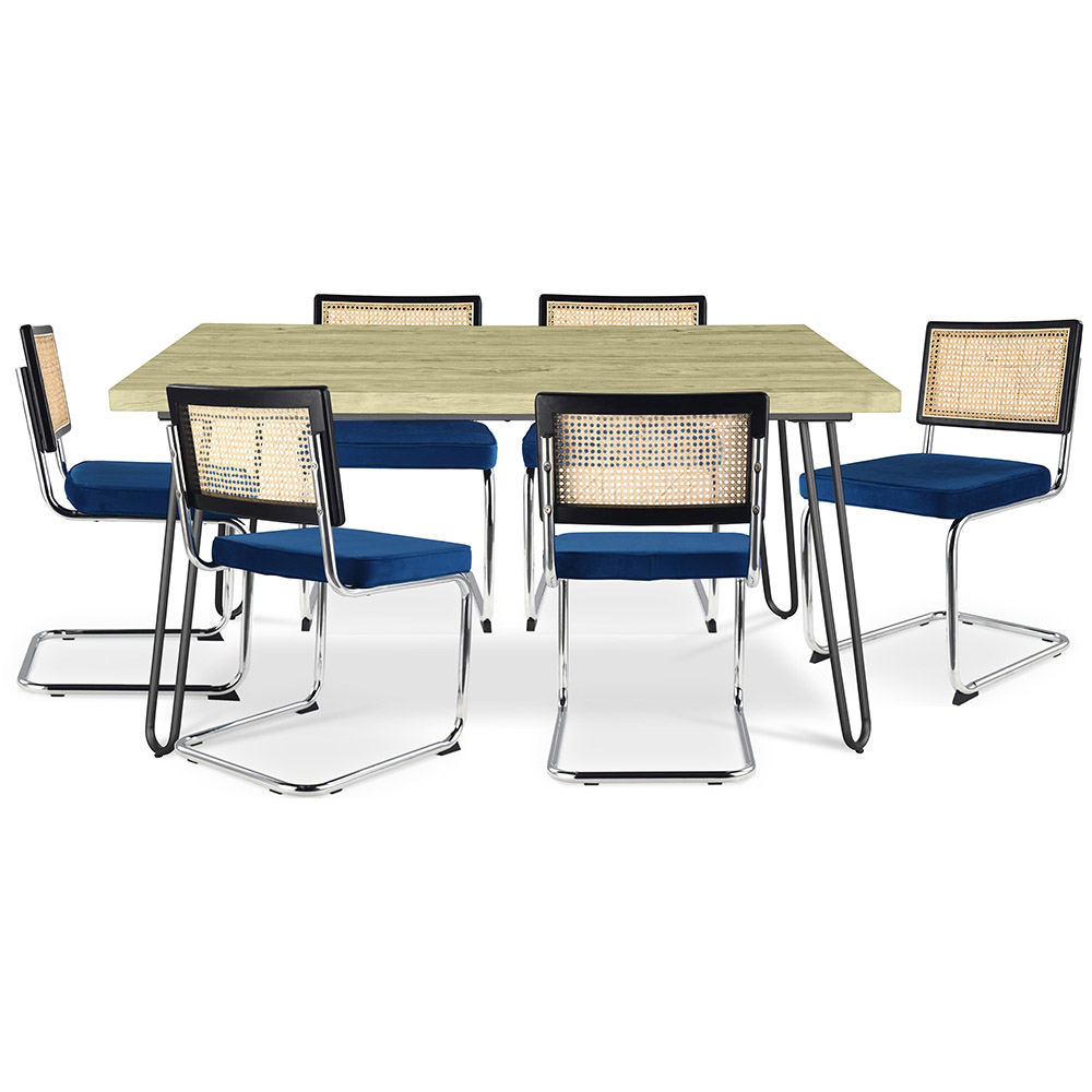  Buy Pack Hairpin Dining Table 150x90 & 6 Black Mesh Rattan and Velvet Chairs - Jenka Dark blue 60582 - in the UK