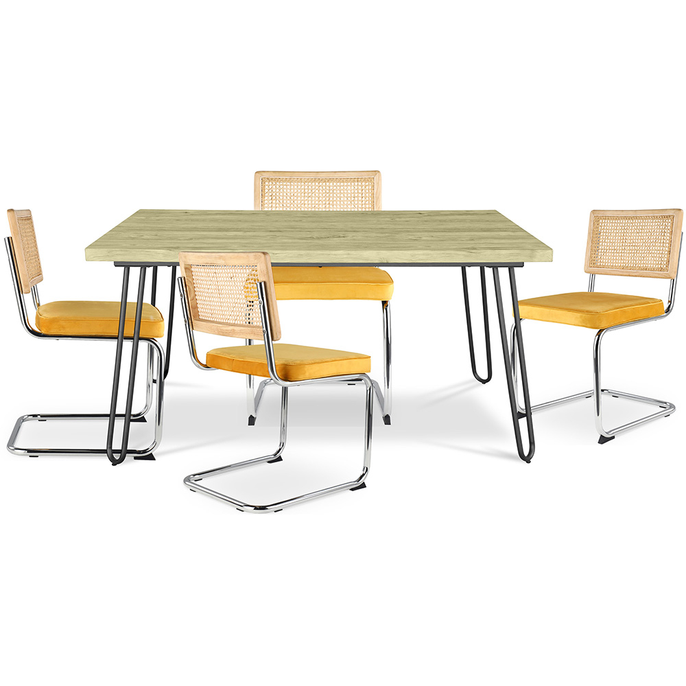  Buy Pack Hairpin Dining Table 120x90 & 4 Black Mesh Rattan and Velvet Chairs - Wanda Mustard 60587 - in the UK