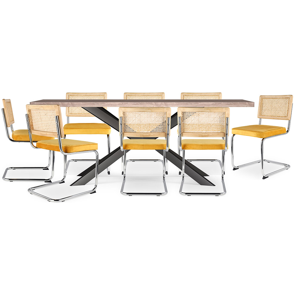 Buy Pack Industrial Wooden Table (200cm) & 8 Rattan and Velvet Mesh Chairs - Wanda Mustard 60593 - in the UK