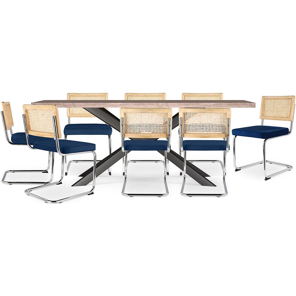 Buy Pack Industrial Wooden Table (200cm) & 8 Rattan and Velvet Mesh Chairs - Wanda Dark blue 60593 - in the UK
