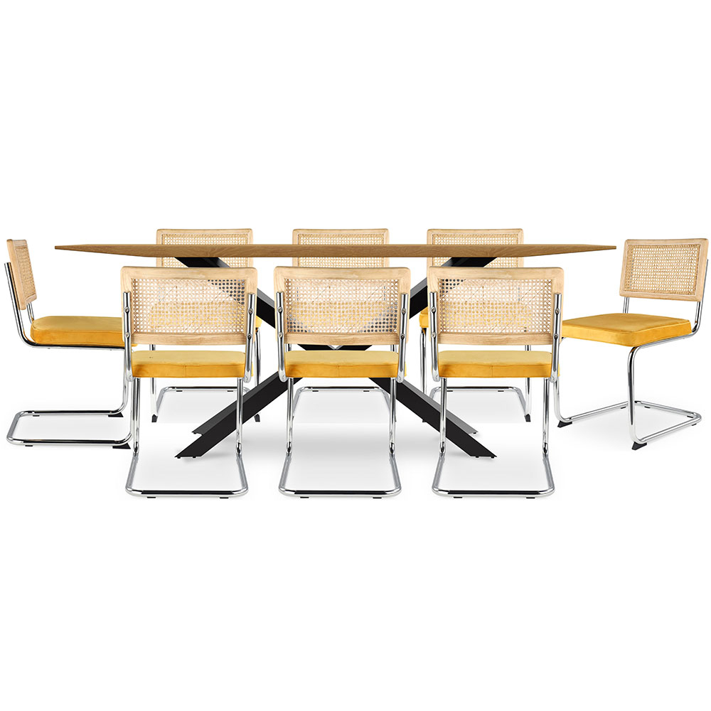  Buy Pack Industrial Wooden Table (220cm) & 8 Rattan and Velvet Mesh Chairs - Wanda Mustard 60596 - in the UK
