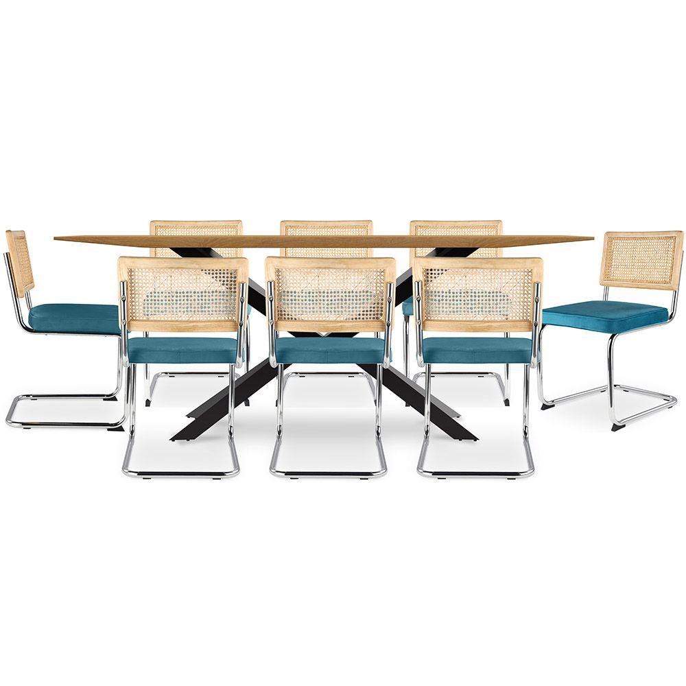  Buy Pack Industrial Wooden Table (220cm) & 8 Rattan and Velvet Mesh Chairs - Wanda Turquoise 60596 - in the UK