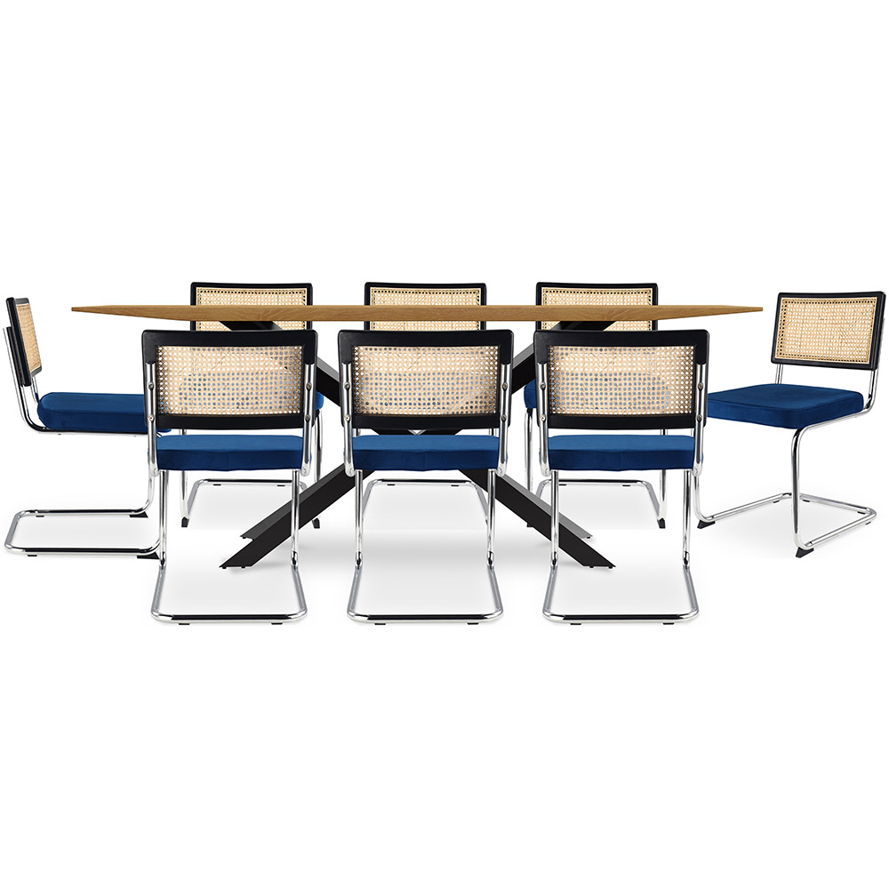  Buy Pack Industrial Wooden Table (220cm) & 8 Rattan and Velvet Mesh Chairs - Jenka Dark blue 60597 - in the UK