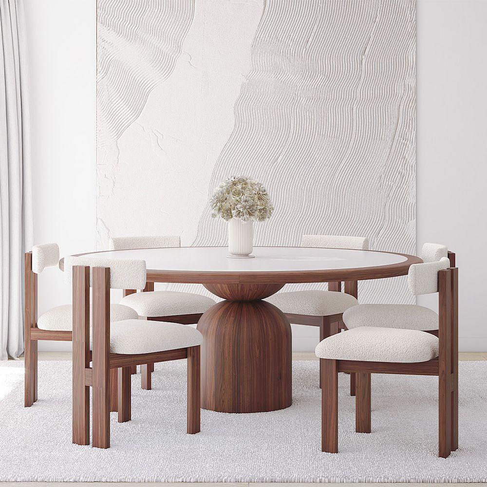  Buy Set Dining Table Round with 6 Wooden Chairs - Minimalist Design - Poler Walnut 61551 - in the UK