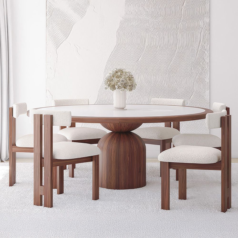  Buy Set Dining Table Round with 6 Wooden Chairs - Minimalist Design - Poler Walnut 61551 - in the UK