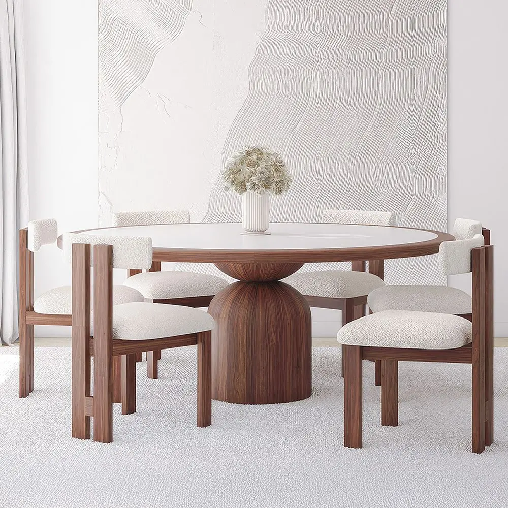  Buy Set Dining Table Round with 6 Wooden Chairs - Minimalist Design - Poler Walnut 61551 - in the UK